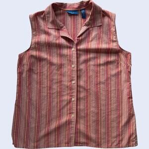 Karen Scott Sport striped sleeveless button-down blouse pink beige L